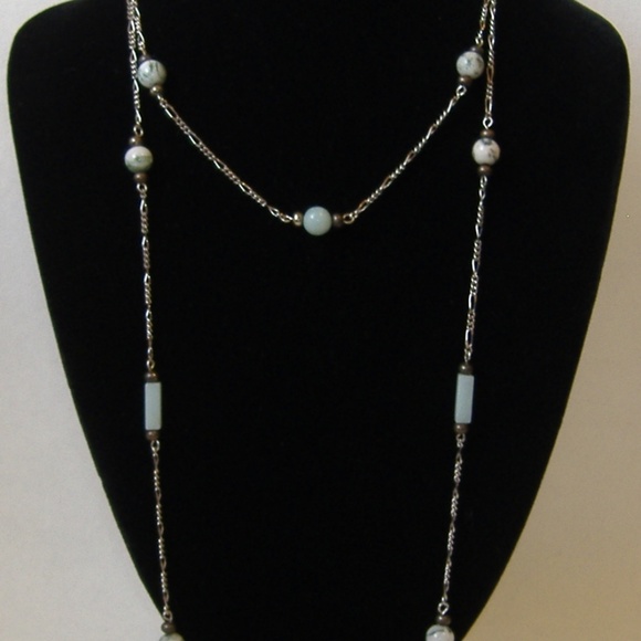 Green Stone Beaded Silver Metal Chain Necklace New - Picture 4 of 7